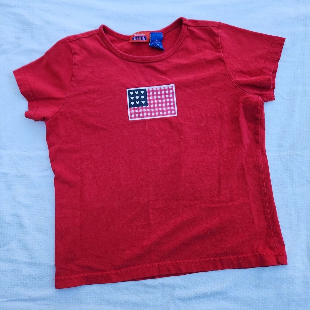 Celebration Nation Target Girls Red American Flag Heart Shirt Size L 10/12 Y2k